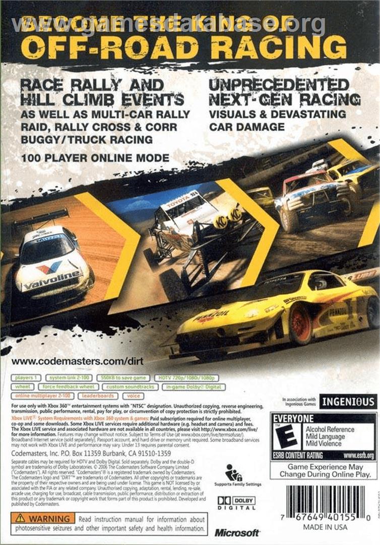 Colin Mcrae - Dirt - Microsoft Xbox 360 - Artwork - Box Back