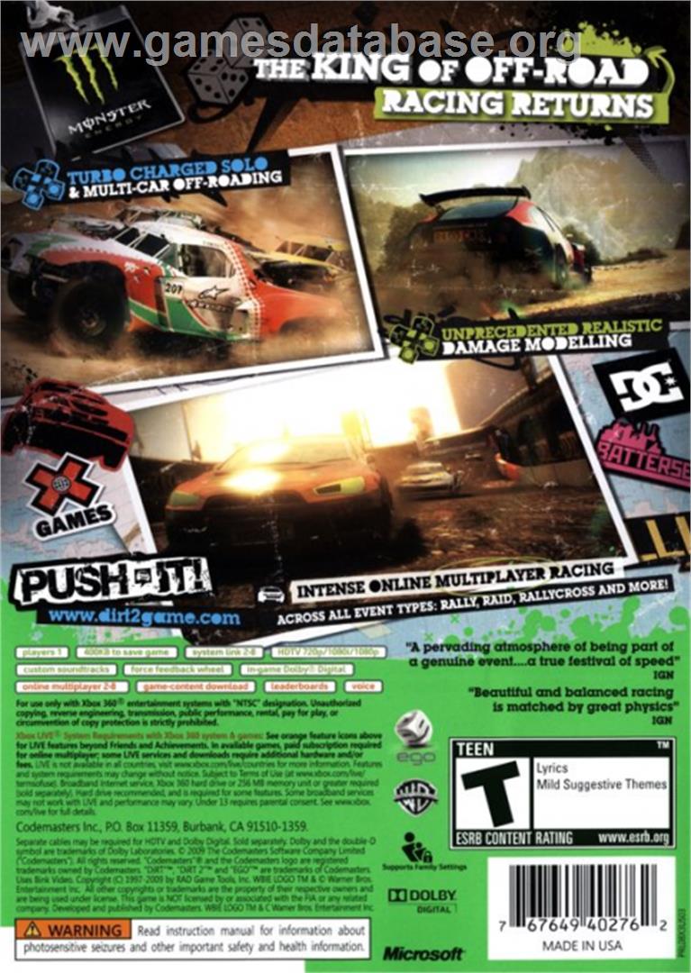 Colin Mcrae - Dirt 2 - Microsoft Xbox 360 - Artwork - Box Back