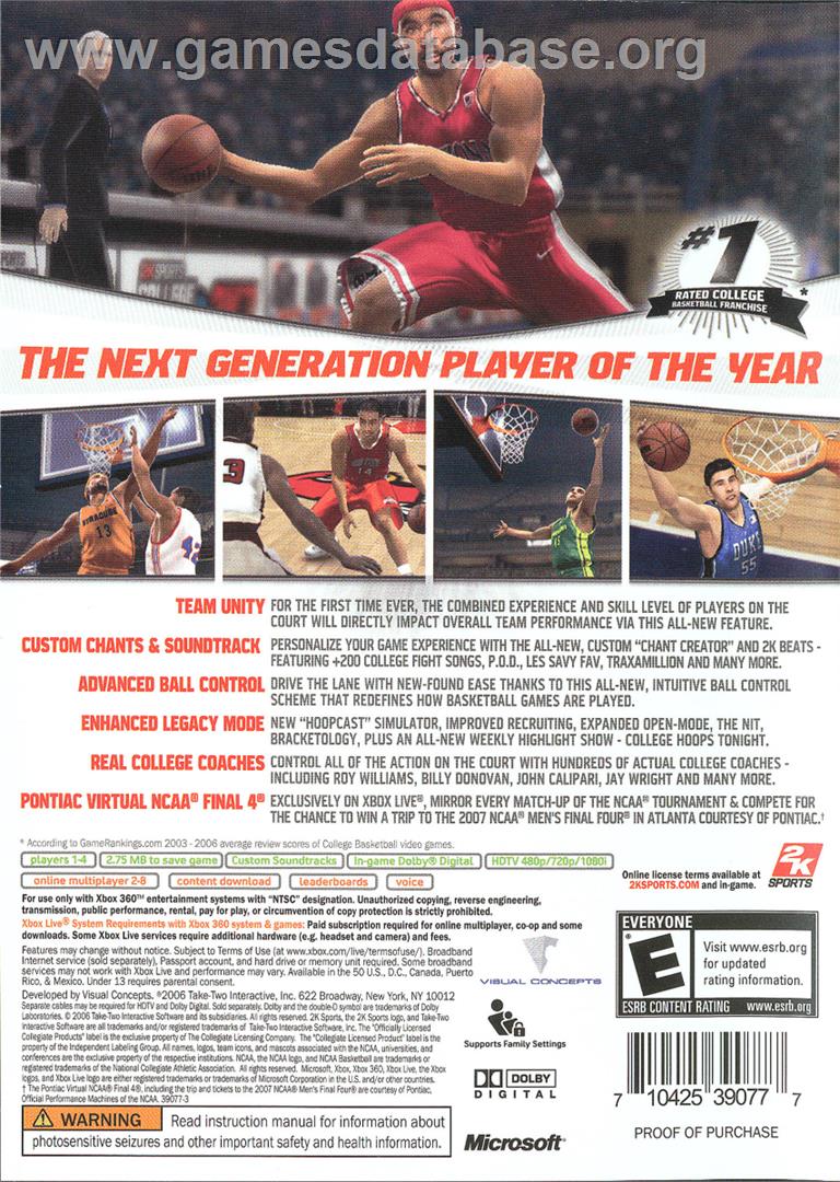 College Hoops 2K7 - Microsoft Xbox 360 - Artwork - Box Back