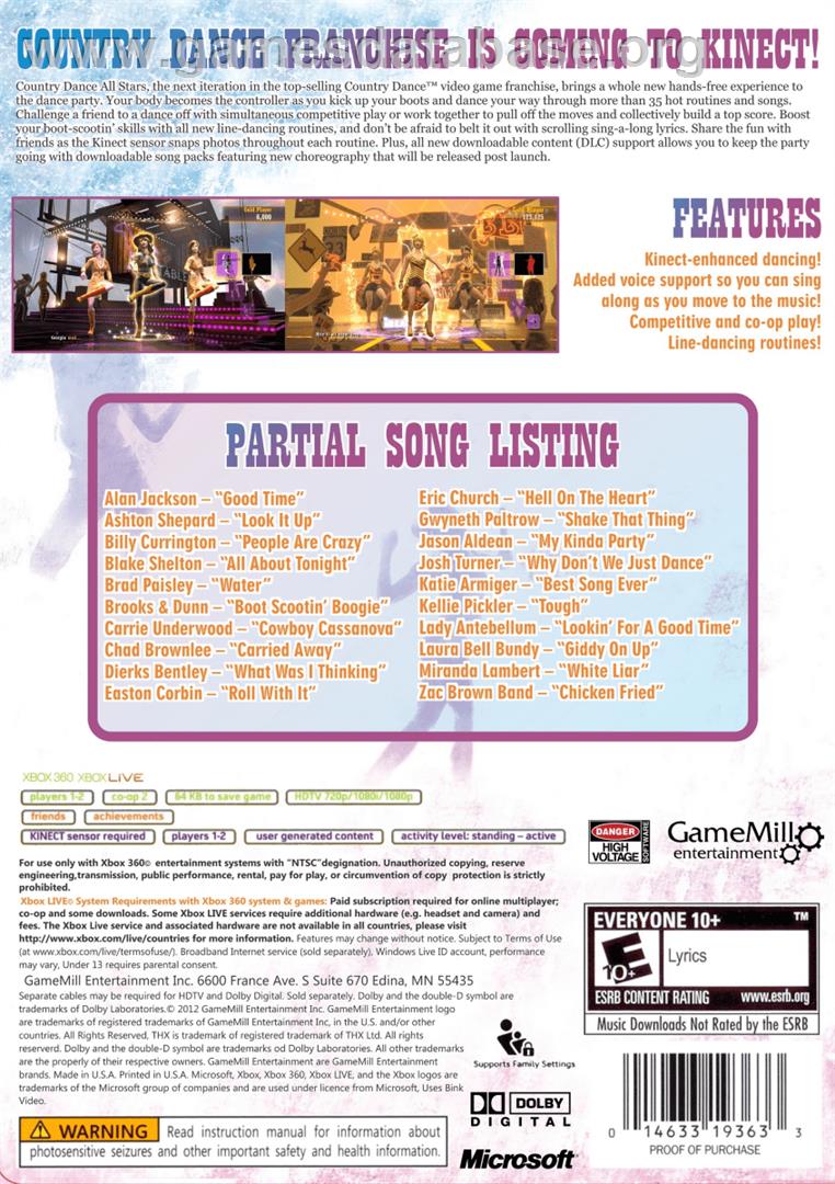 Country Dance All Stars - Microsoft Xbox 360 - Artwork - Box Back