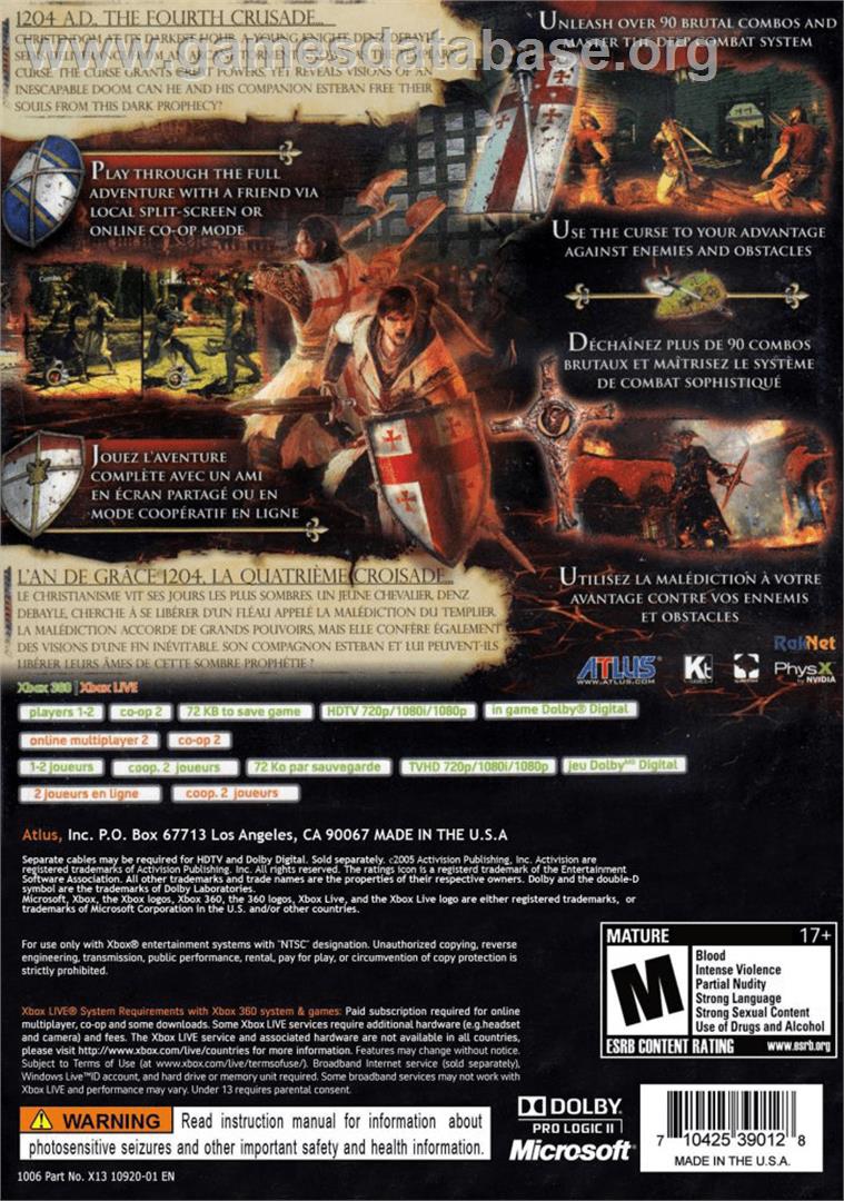 Cursed Crusade, The - Microsoft Xbox 360 - Artwork - Box Back