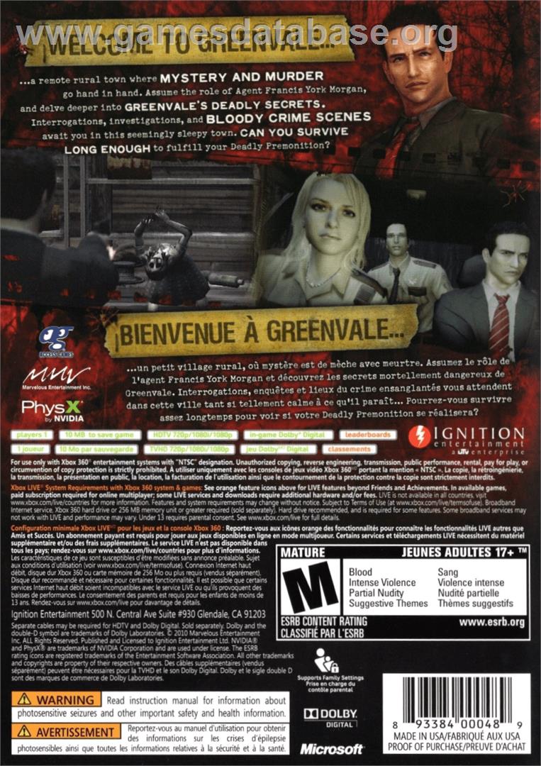 DEADLY PREMONITION - Microsoft Xbox 360 - Artwork - Box Back