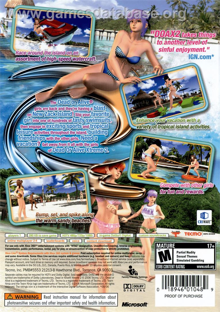 DEAD OR ALIVE Xtreme 2 - Microsoft Xbox 360 - Artwork - Box Back