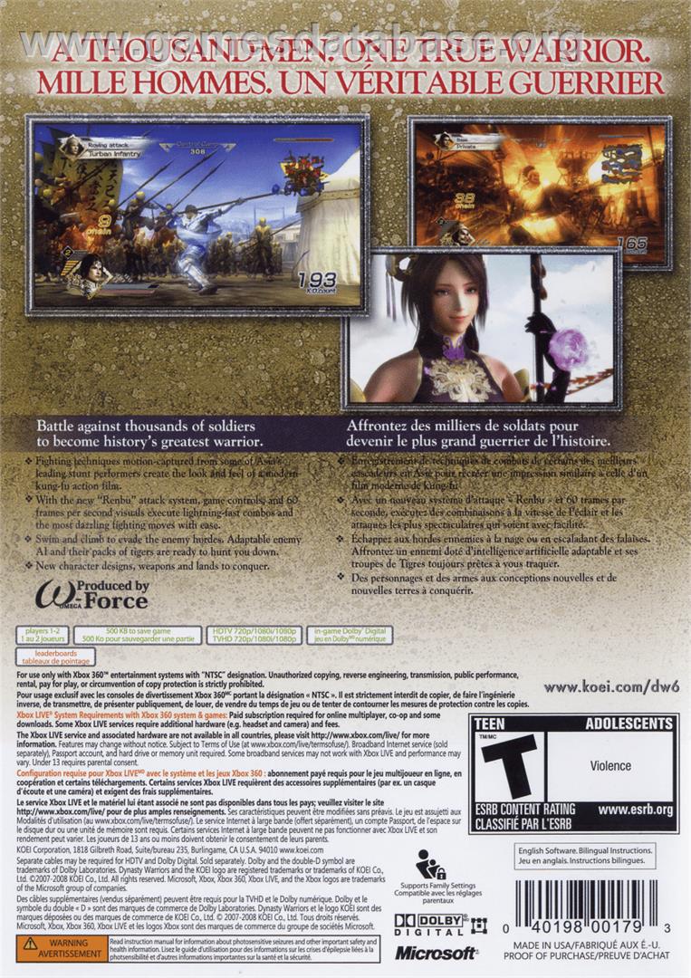 DYNASTY WARRIORS 6 - Microsoft Xbox 360 - Artwork - Box Back