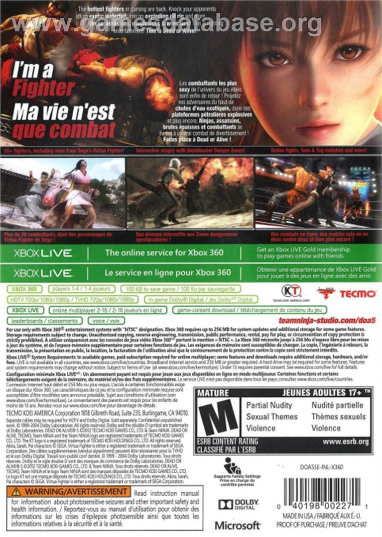 Dead or Alive 5 - Microsoft Xbox 360 - Artwork - Box Back