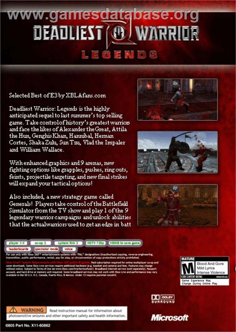 Deadliest Warrior: Legends - Microsoft Xbox 360 - Artwork - Box Back