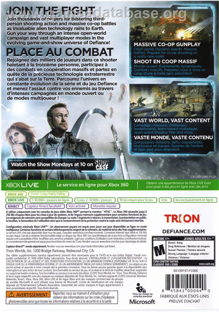 Defiance - Microsoft Xbox 360 - Artwork - Box Back