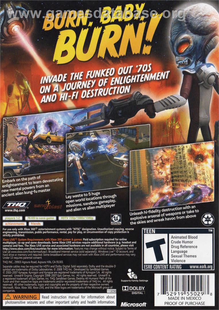 Destroy All Humans! - Microsoft Xbox 360 - Artwork - Box Back