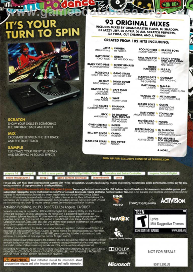 Dj Hero - Microsoft Xbox 360 - Artwork - Box Back