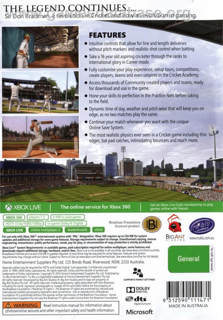 Don Bradman Cricket 14 - Microsoft Xbox 360 - Artwork - Box Back