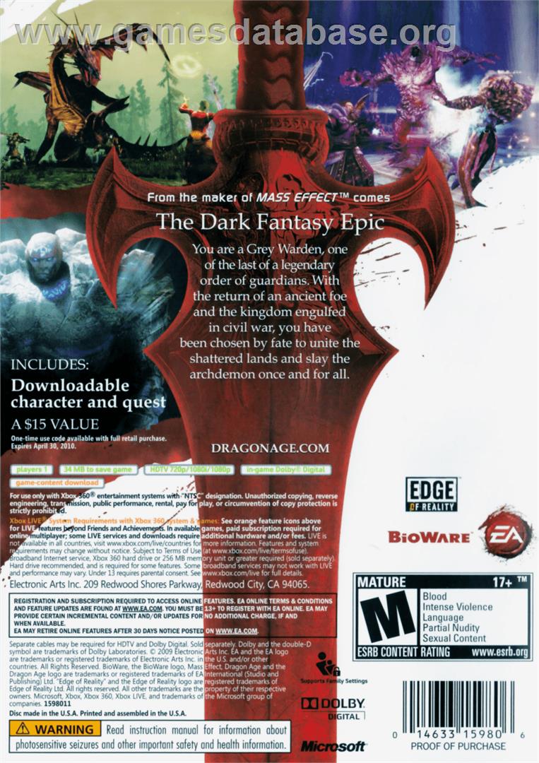 Dragon Age: Origins - Microsoft Xbox 360 - Artwork - Box Back