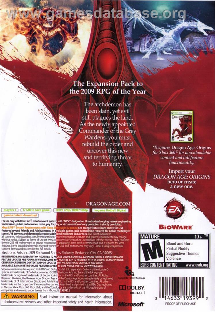 Dragon Age - Origins - Awakening - Microsoft Xbox 360 - Artwork - Box Back