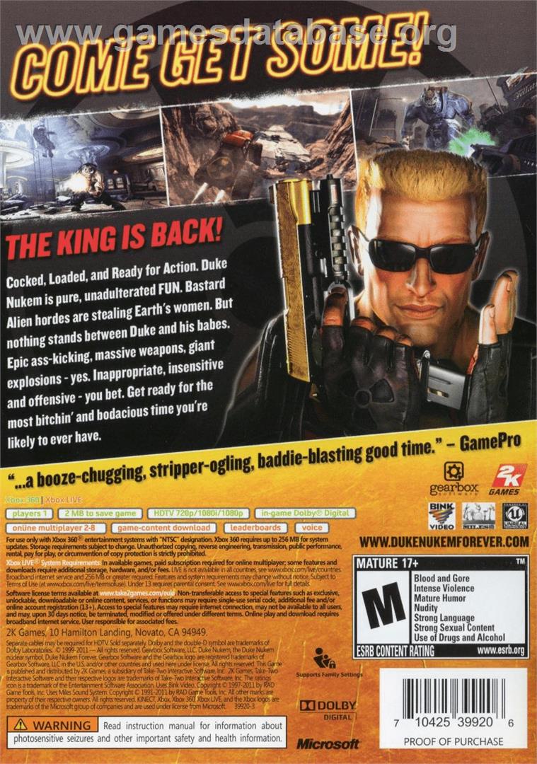 Duke Nukem Forever - Microsoft Xbox 360 - Artwork - Box Back