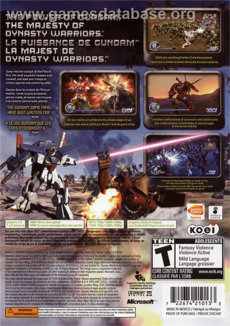 Dynasty Warriors - Gundam - Microsoft Xbox 360 - Artwork - Box Back