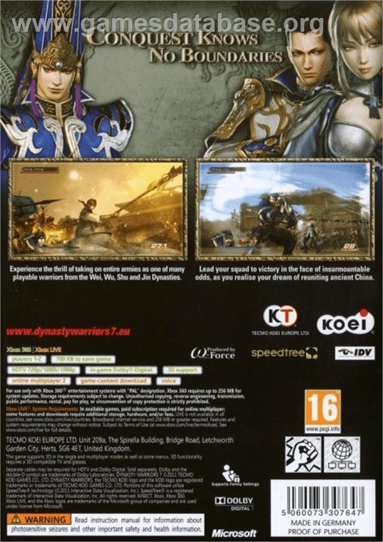 Dynasty Warriors 7 - Microsoft Xbox 360 - Artwork - Box Back