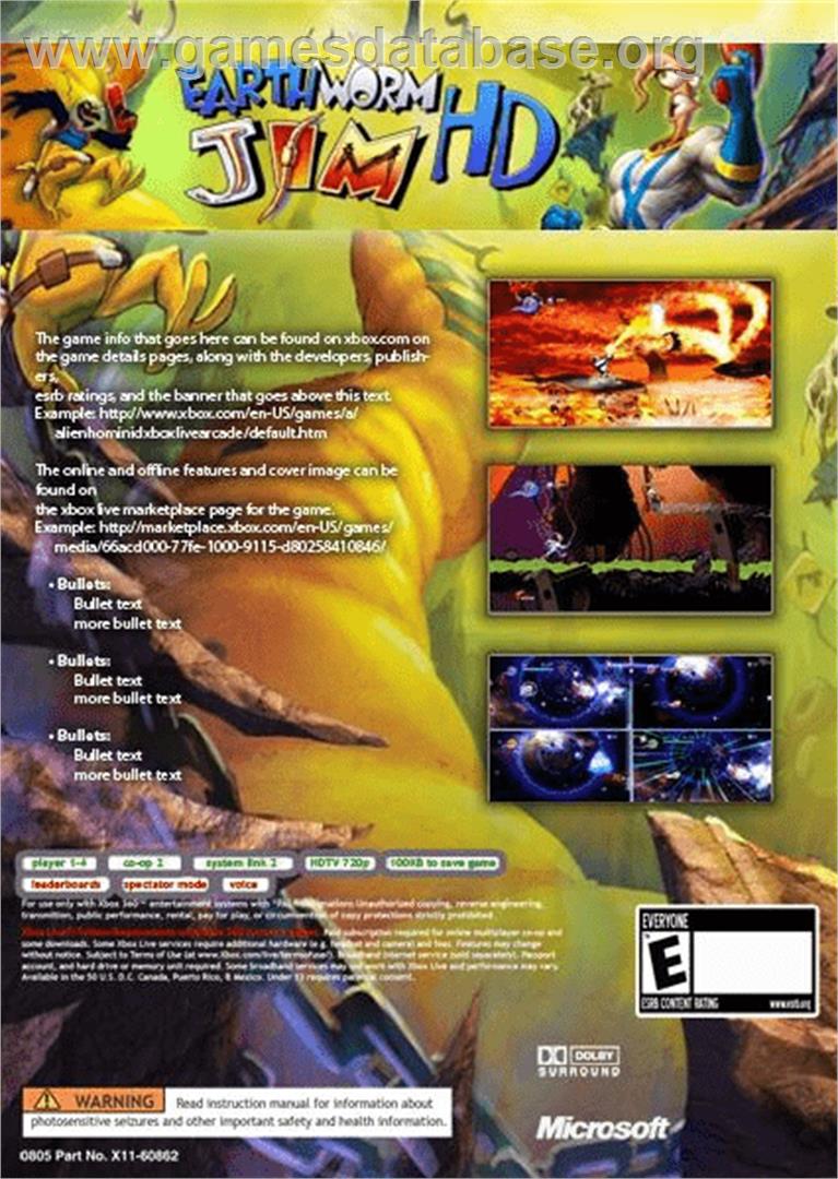 Earthworm Jim Hd - Microsoft Xbox 360 - Artwork - Box Back