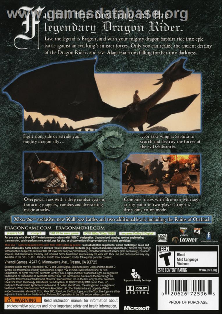 Eragon - Microsoft Xbox 360 - Artwork - Box Back