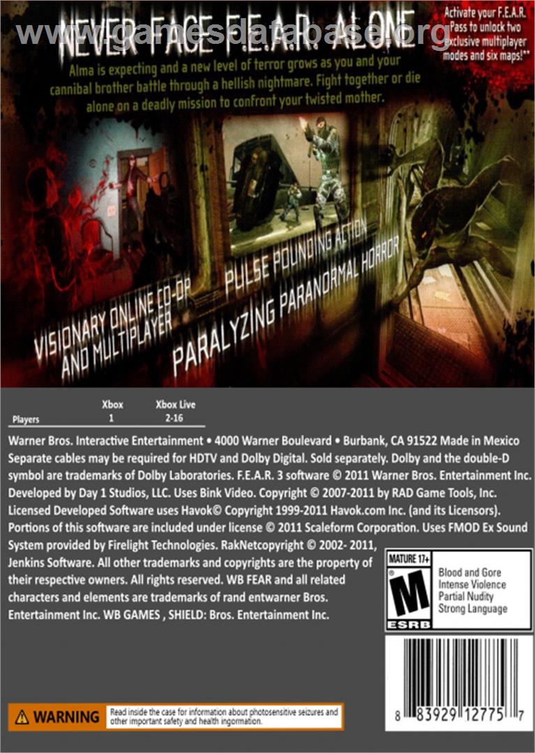 F.E.A.R. 3 - Microsoft Xbox 360 - Artwork - Box Back