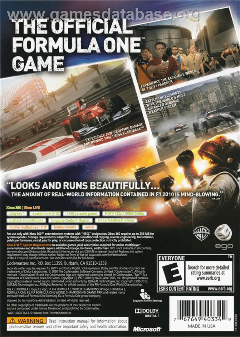 F1 2010 - Microsoft Xbox 360 - Artwork - Box Back
