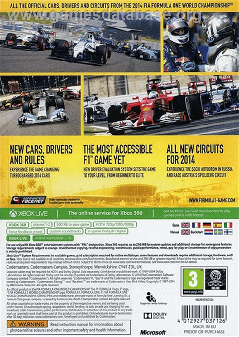 F1 2014 - Microsoft Xbox 360 - Artwork - Box Back