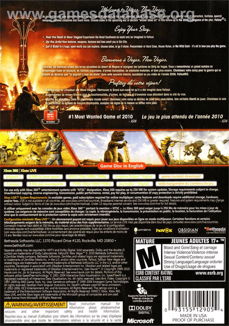 Fallout New Vegas - Microsoft Xbox 360 - Artwork - Box Back