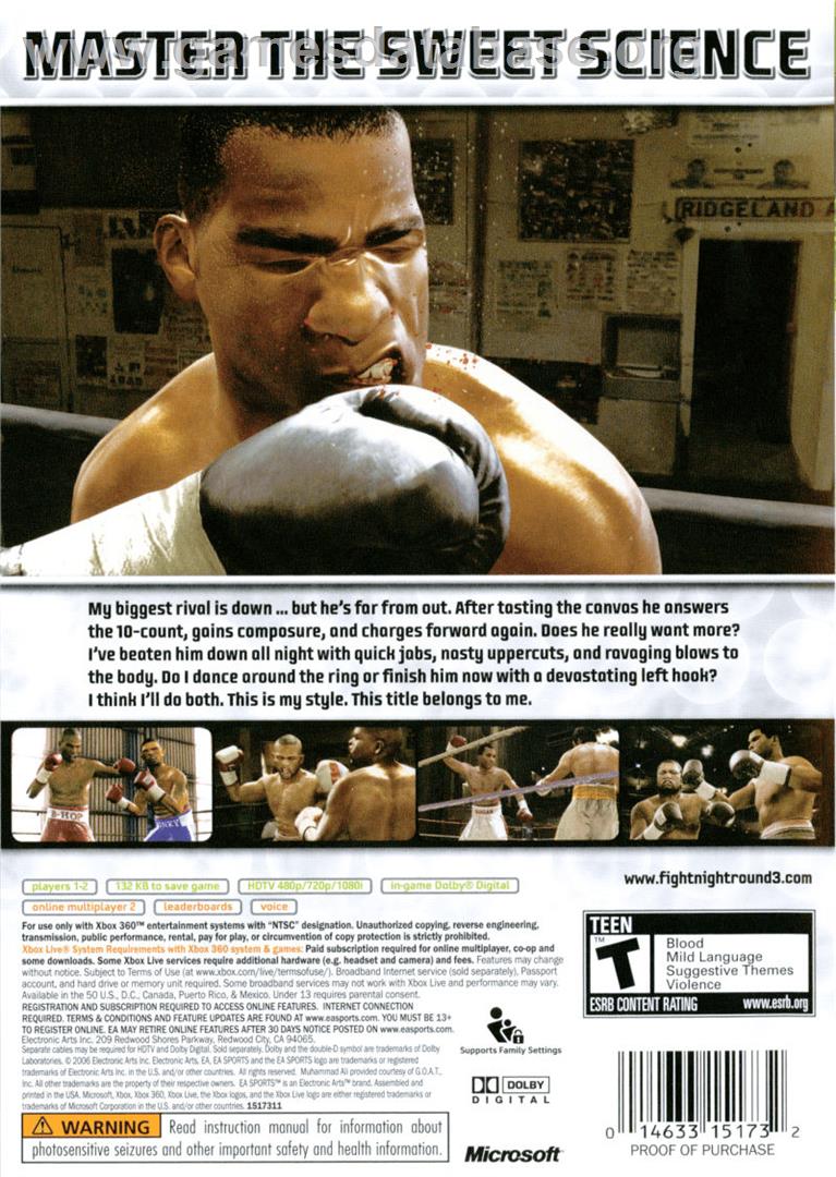Fight Night Round 3 - Microsoft Xbox 360 - Artwork - Box Back