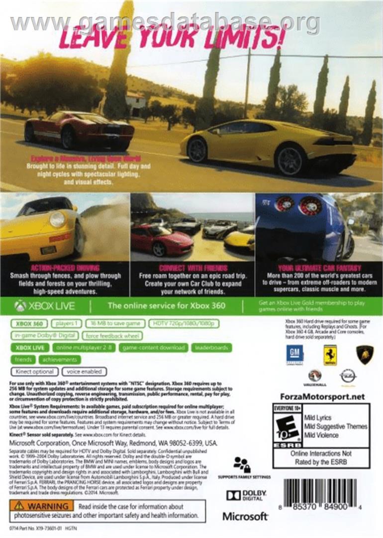 Forza Horizon 2 - Microsoft Xbox 360 - Artwork - Box Back