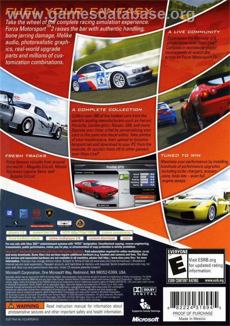 Forza Motorsport 2 - Microsoft Xbox 360 - Artwork - Box Back