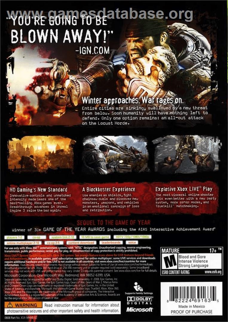Gears Of War 2 - Microsoft Xbox 360 - Artwork - Box Back