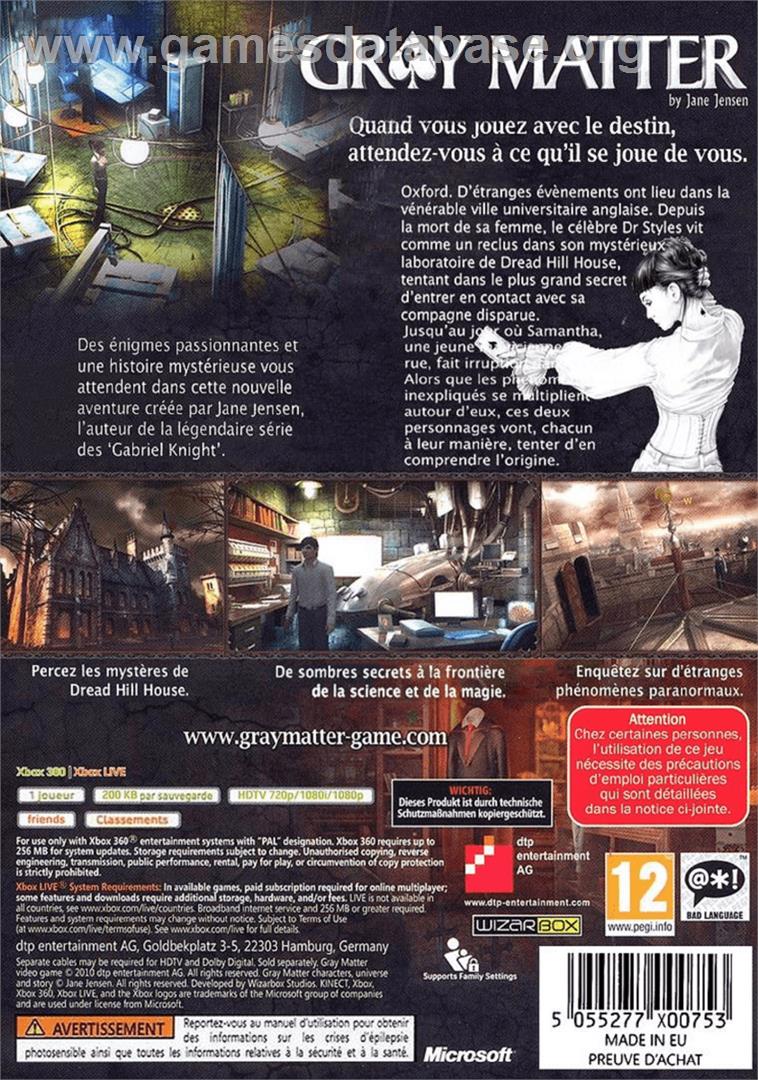 Gray Matter - Microsoft Xbox 360 - Artwork - Box Back