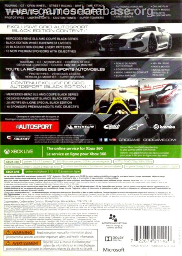 Grid - Autosport - Microsoft Xbox 360 - Artwork - Box Back