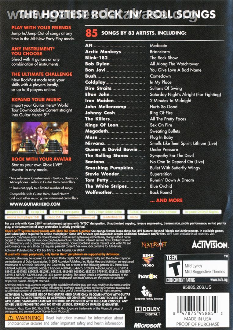 Guitar Hero 5 - Microsoft Xbox 360 - Artwork - Box Back