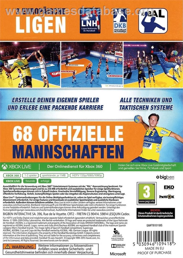 Handball 16 - Microsoft Xbox 360 - Artwork - Box Back