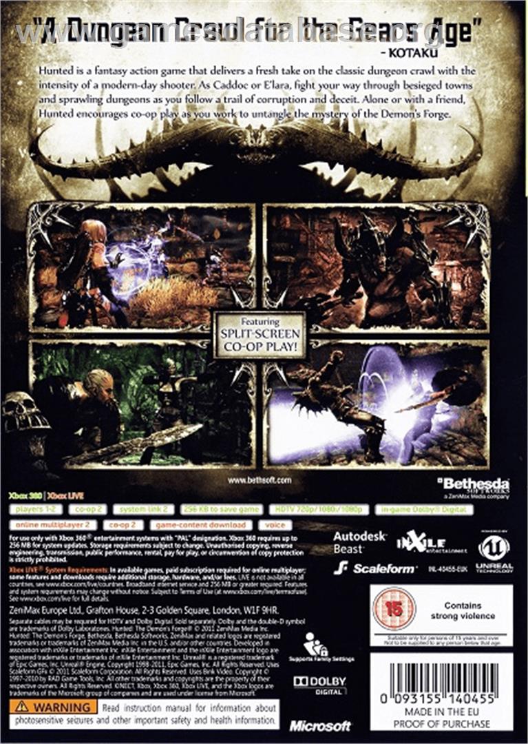 Hunted - The Demon's Forge - Microsoft Xbox 360 - Artwork - Box Back