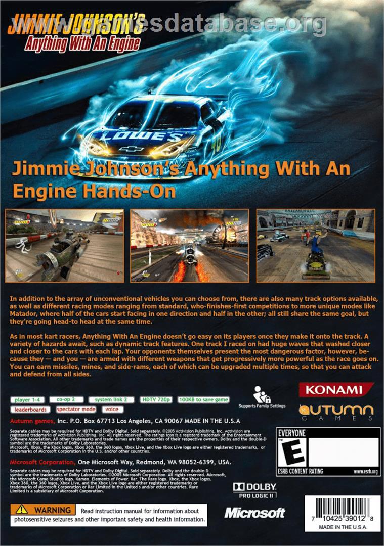 Jimmie Johnson's Anything With An Engine - Microsoft Xbox 360 - Artwork - Box Back