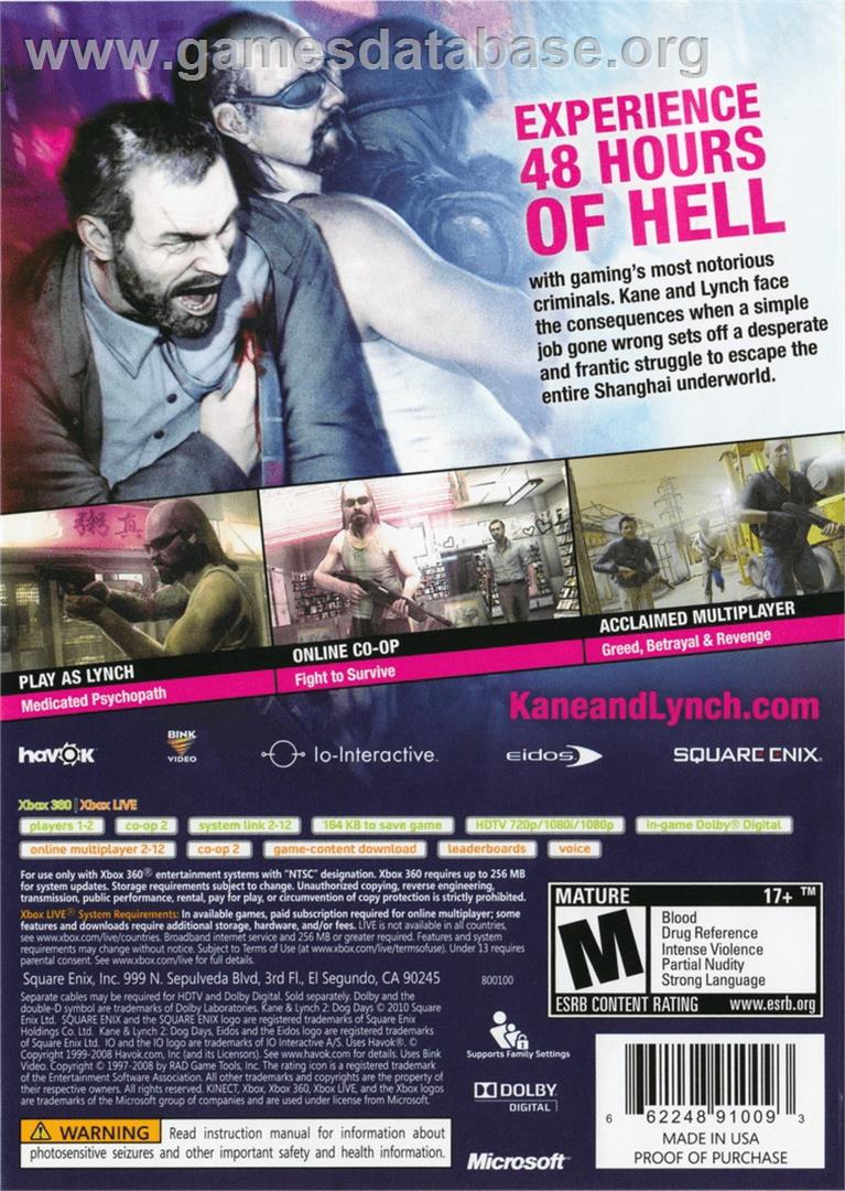 Kane And Lynch 2 - Dog Days - Microsoft Xbox 360 - Artwork - Box Back