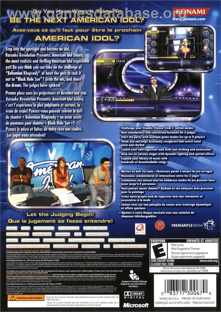 Karaoke Revolution Presents American Idol Encore 2 - Microsoft Xbox 360 - Artwork - Box Back