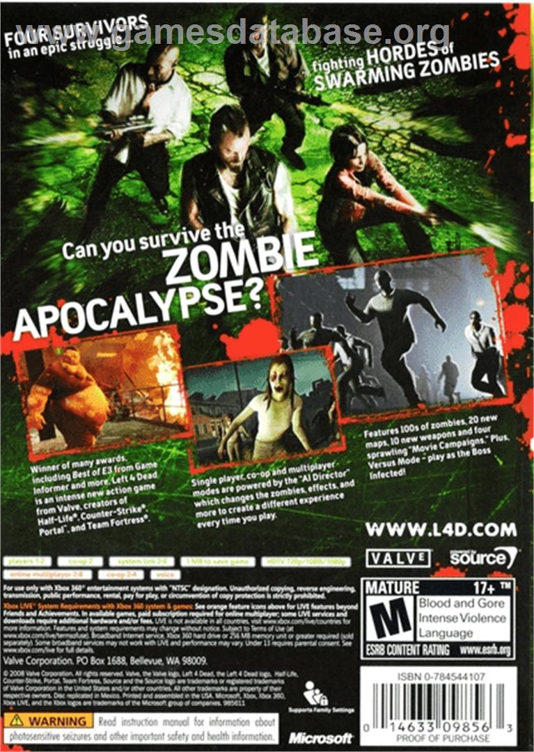 Left 4 Dead - Microsoft Xbox 360 - Artwork - Box Back
