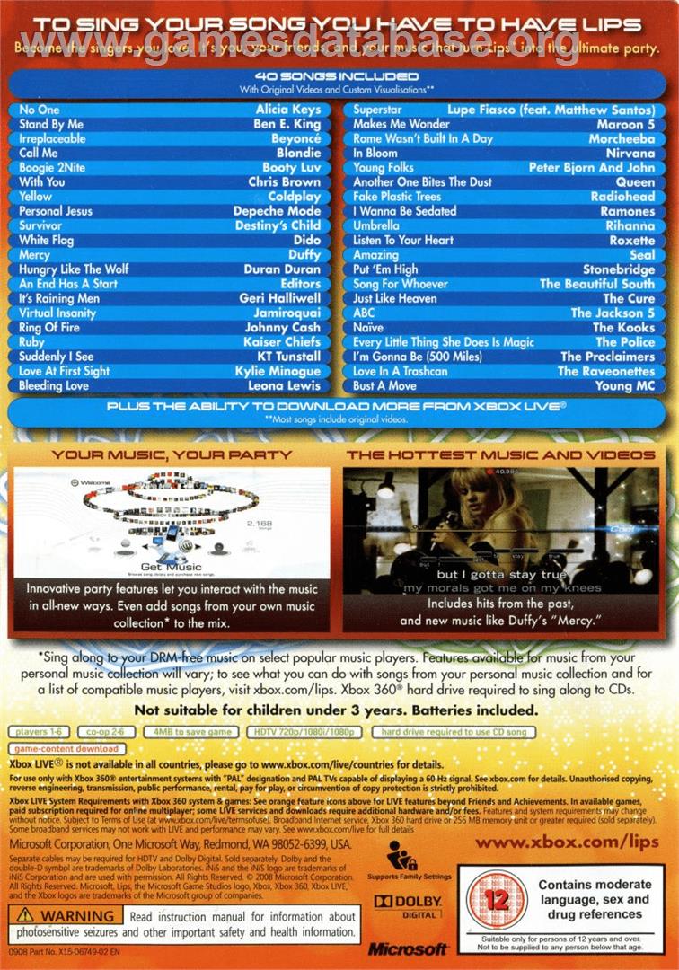 Lips: Number One Hits - Microsoft Xbox 360 - Artwork - Box Back