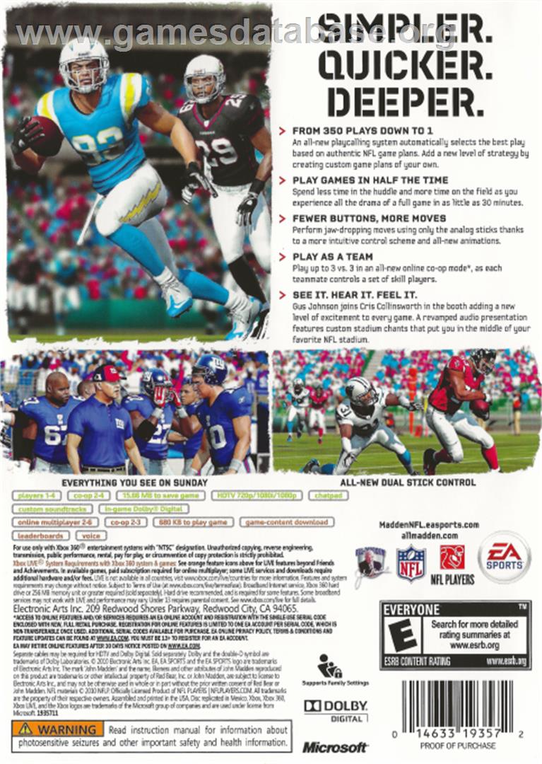 Madden NFL 11 - Microsoft Xbox 360 - Artwork - Box Back