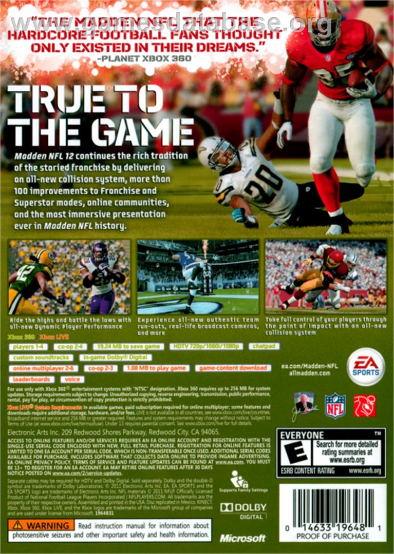Madden NFL 12 - Microsoft Xbox 360 - Artwork - Box Back