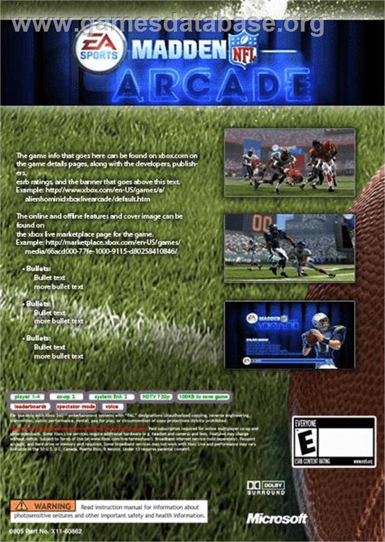 Madden Nfl Arcade - Microsoft Xbox 360 - Artwork - Box Back