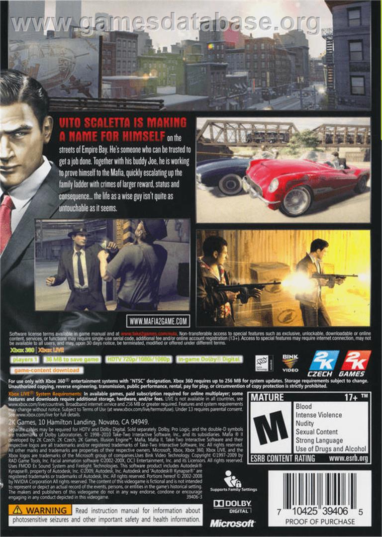 Mafia 2 - Microsoft Xbox 360 - Artwork - Box Back
