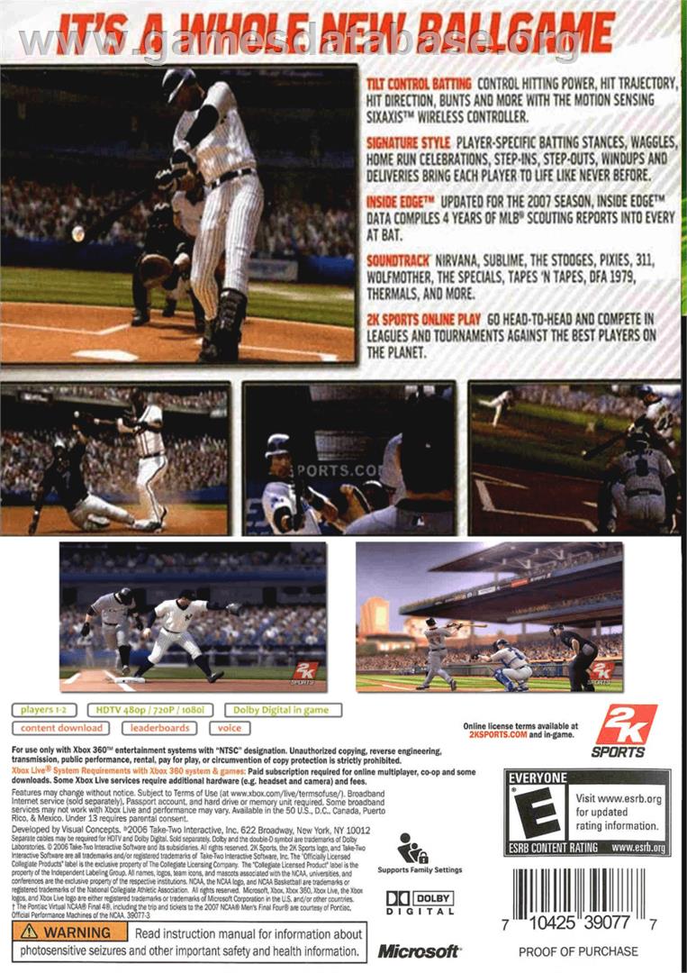 Major League Baseball 2k7 - Microsoft Xbox 360 - Artwork - Box Back