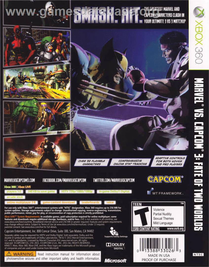 Marvel Vs. Capcom 3 - Fate Of Two Worlds - Microsoft Xbox 360 - Artwork - Box Back