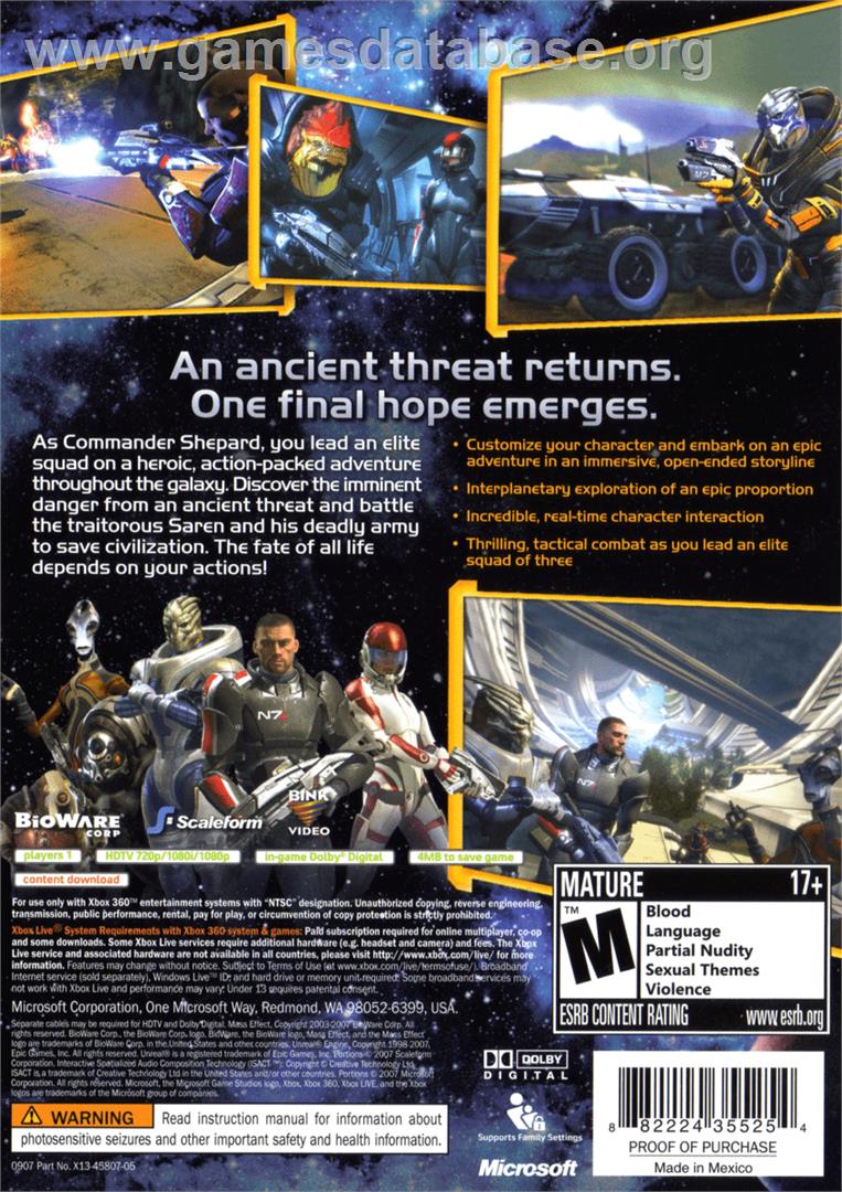 Mass Effect - Microsoft Xbox 360 - Artwork - Box Back