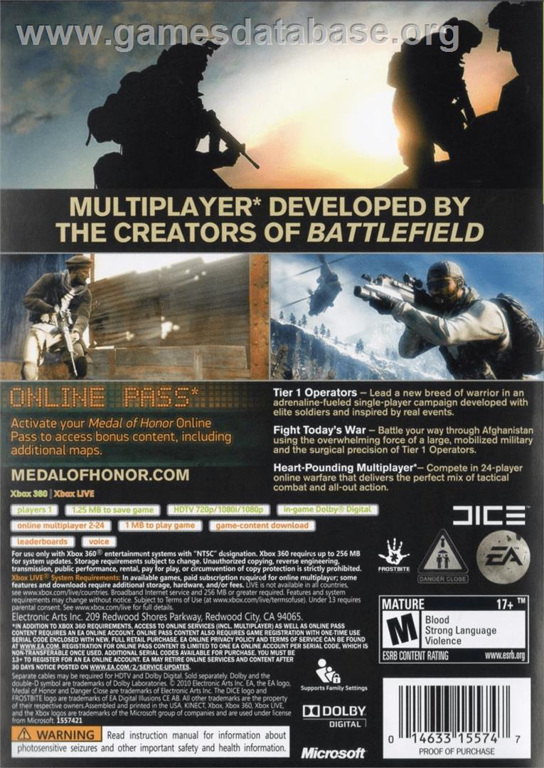 Medal of Honor - Microsoft Xbox 360 - Artwork - Box Back
