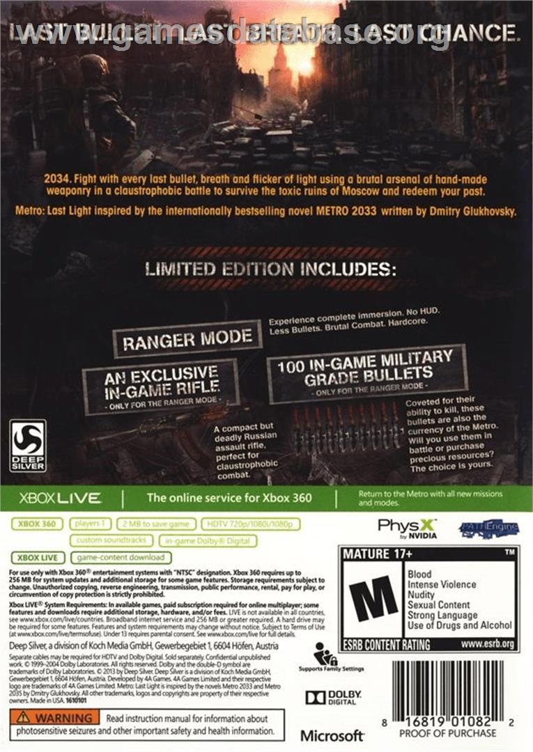 Metro: Last Light - Microsoft Xbox 360 - Artwork - Box Back