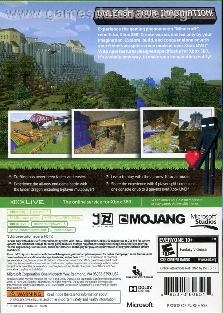Minecraft - Microsoft Xbox 360 - Artwork - Box Back