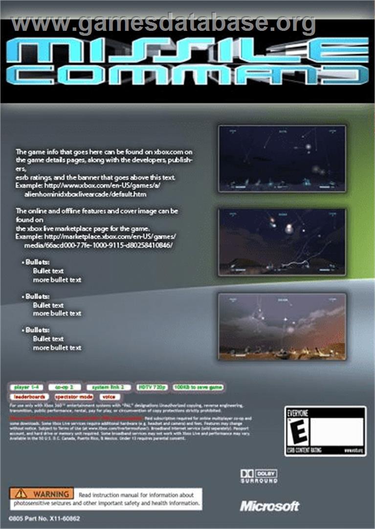 Missile Command - Microsoft Xbox 360 - Artwork - Box Back